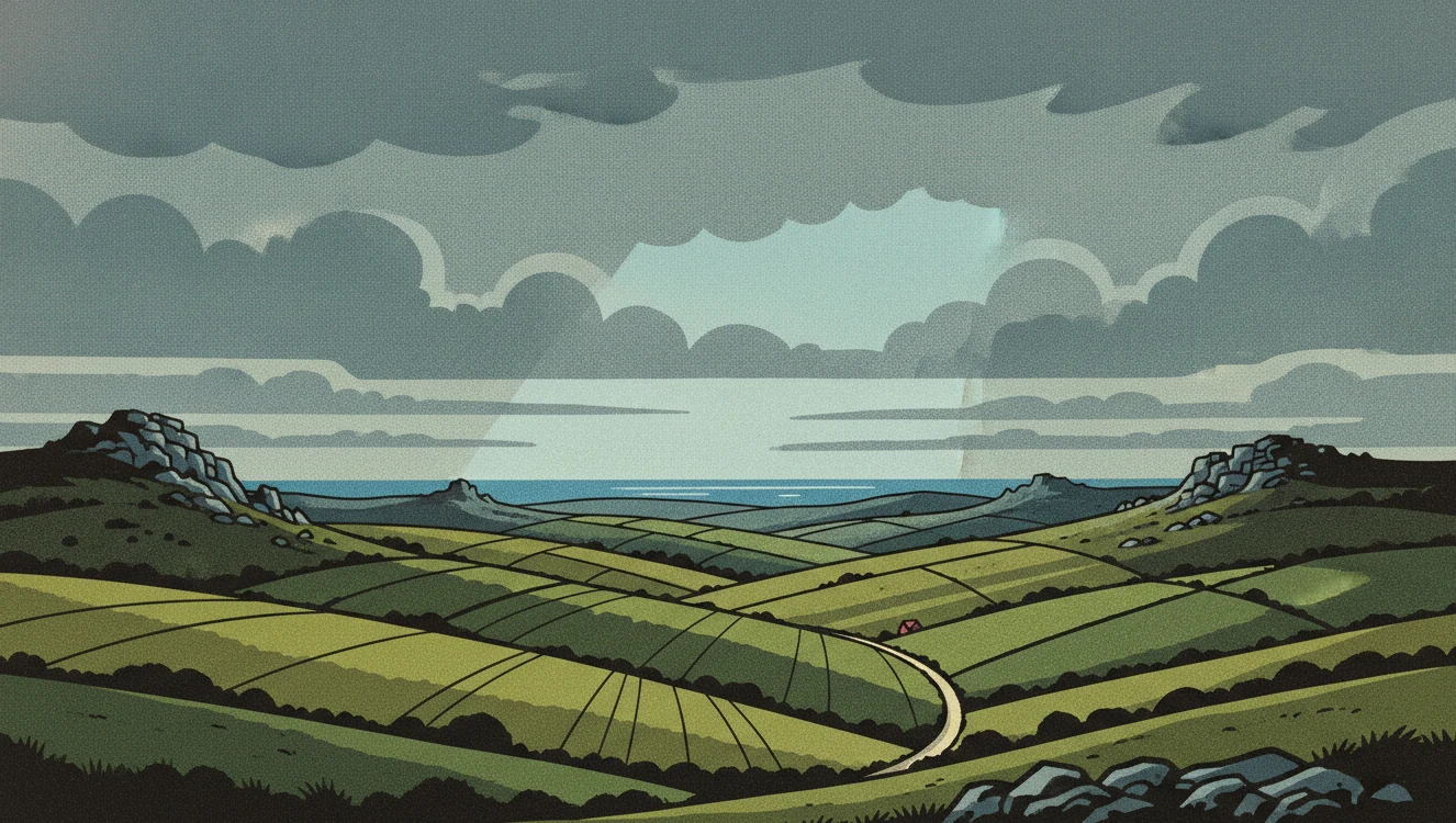 A quiet country lane winding through the Devon hills at golden hour